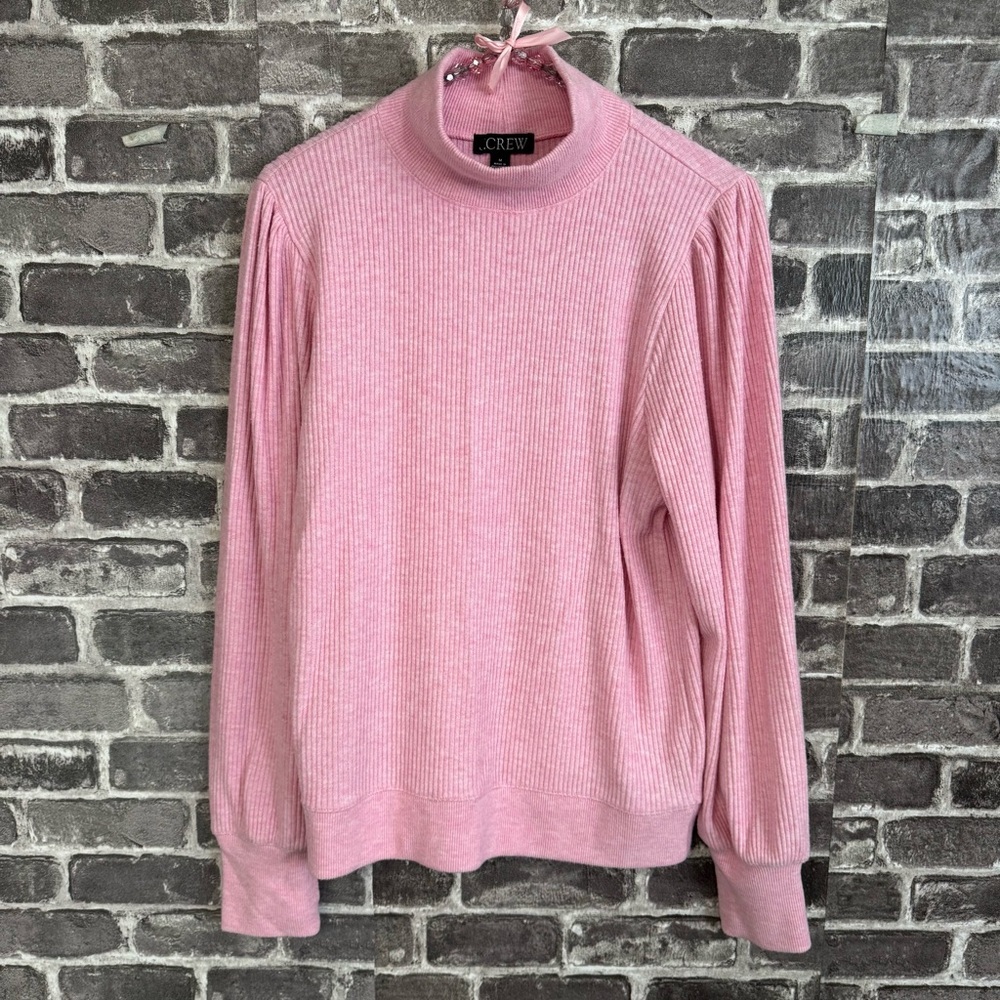 J. Crew Brushed rib puff-sleeve mockneck tee sweater pink